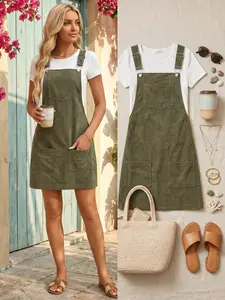 Women's Solid Color Pocket Overalls Dress without Inner Top, Casual Sleeveless Overalls Dress for Daily Wear, Ladies Clothes for All Seasons