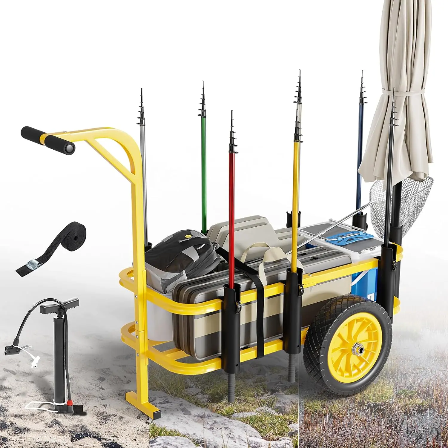 Bonnlo Beach Fishing Cart, Beach Wagon Trolley with 12" Big No-Flat Airless Tires, Foldable Beach Trailer with Large 36" x 16" Cargo Basket, 250 lbs Load Capacity, 7 Fishing Rods Holder