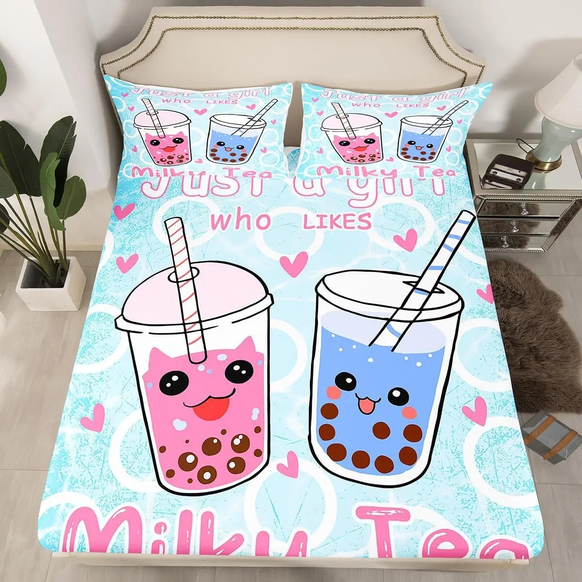 Feelyou Kawaii Bubble Tea Luxury Fitted Sheet Set - Chemical-Free, Kids-Safe, Artistic, Anime Bedding Sheets with Deep Pocket Elastic Bed Cover & Pillowcase for Girls, Soft Textile Cartoon Boba Linens, Artistic Fitted Sheets