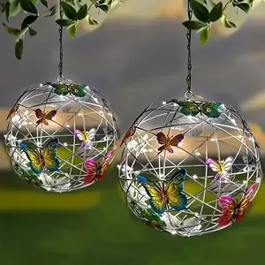2PACK Garden Hanging Solar Light Round Ball Light with Butterfly with Waterproof Weaving Lamp Garden Decoration Decorative Nightlight, Outdoor Lights Lamps
