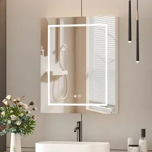 Bathroom Medicine Cabinet with Mirror, Adjustable 3-Color Brightness Dimming LED Mirror Cabinet  Wall Mounted Defogger