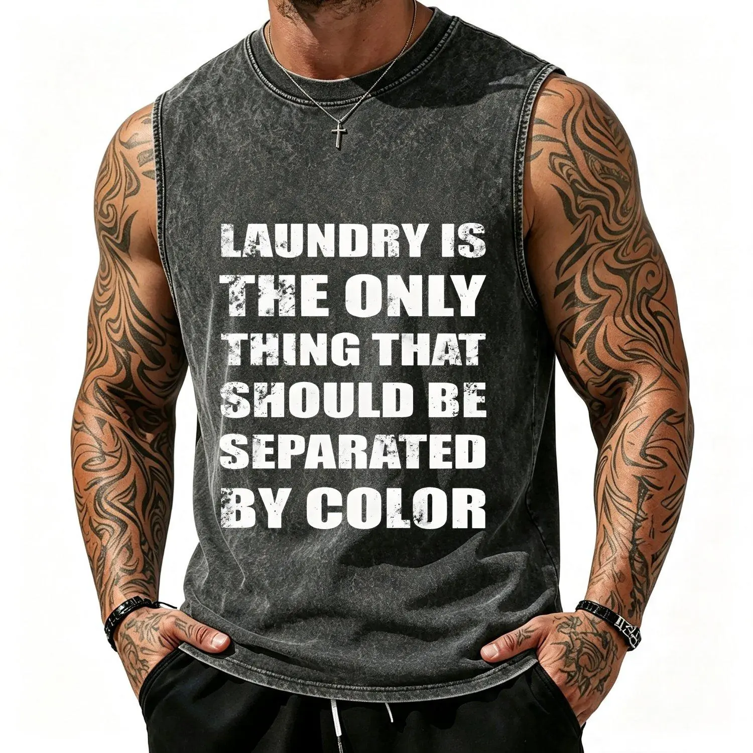s T-Shirt 210G Vest Y2K Style Faded Pink Vest with White Bold Sans-Serif Text "LAUNDRY IS THE Solely THING THAT SHOULD BE SEPARATED BY COLOR" Rustic Wooden Background Farmhouse Rolled Fabric Rope and W Style Fashion Apparel