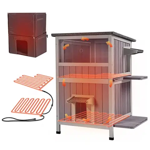 Aivituvin-AIR14-IN-HP Solid Heated Wood Cat House with Insulated Liner, Heating Pad, Temperature Control, Raised-Leg Dry Base, Metal Frame, Detachable Asphalt Roof for Indoor & Outdoor Cat Rescue Use