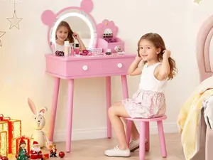 Kids Vanity Table with Lights Cute Bear-Shaped Dressing Table with Mirror Storage Drawers Wooden Princess Toddler Make Up Table Set Pretend Play Vanity Sets for Little Girls Pink
