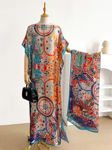 Women's Colorful Printed Long Robe Set with Scarf Shawl, Casual Woven Fabric, Beach Decoration, Sun Protection, Windproof Daily Wear, Beach Outdoor Wear, Swimwear Cover Up, Beach Coverups
