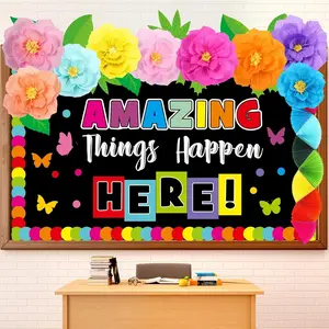 Amazing Things Happen Here Bulletin Board Decorations Flower Classroom Themes Decor Sets Welcome  to School Inspirational Colorful Rainbow Bulletin Board Cutout Letter Border (Floral)
