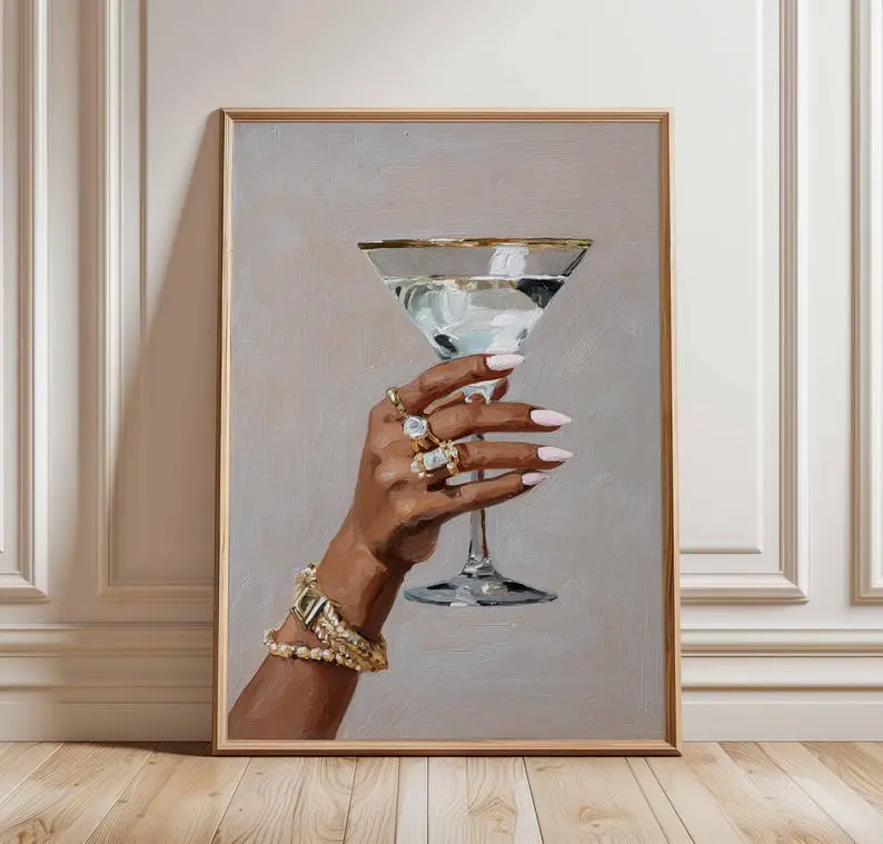 Chic Martini Glass Poster – Glam Wall Art with Hand Holding Cocktail, Fashion Bar Decor, Modern Champagne Print for Kitchen or Lounge