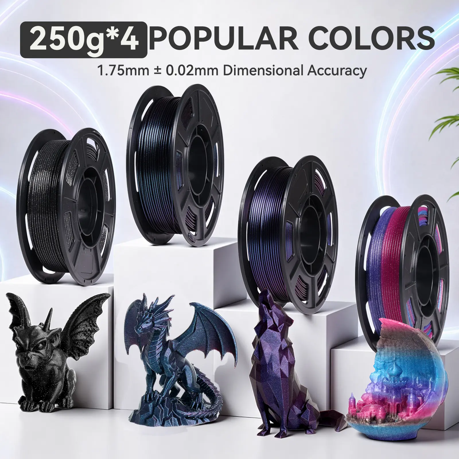 QFOUR Multi-Colors PLA 3D Printer Filament, 1.75mm, 250g x 4 Pack (1KG Total), ±0.02mm High Precision, Smooth Extrude for FDM Printers, Vacuum Sealed