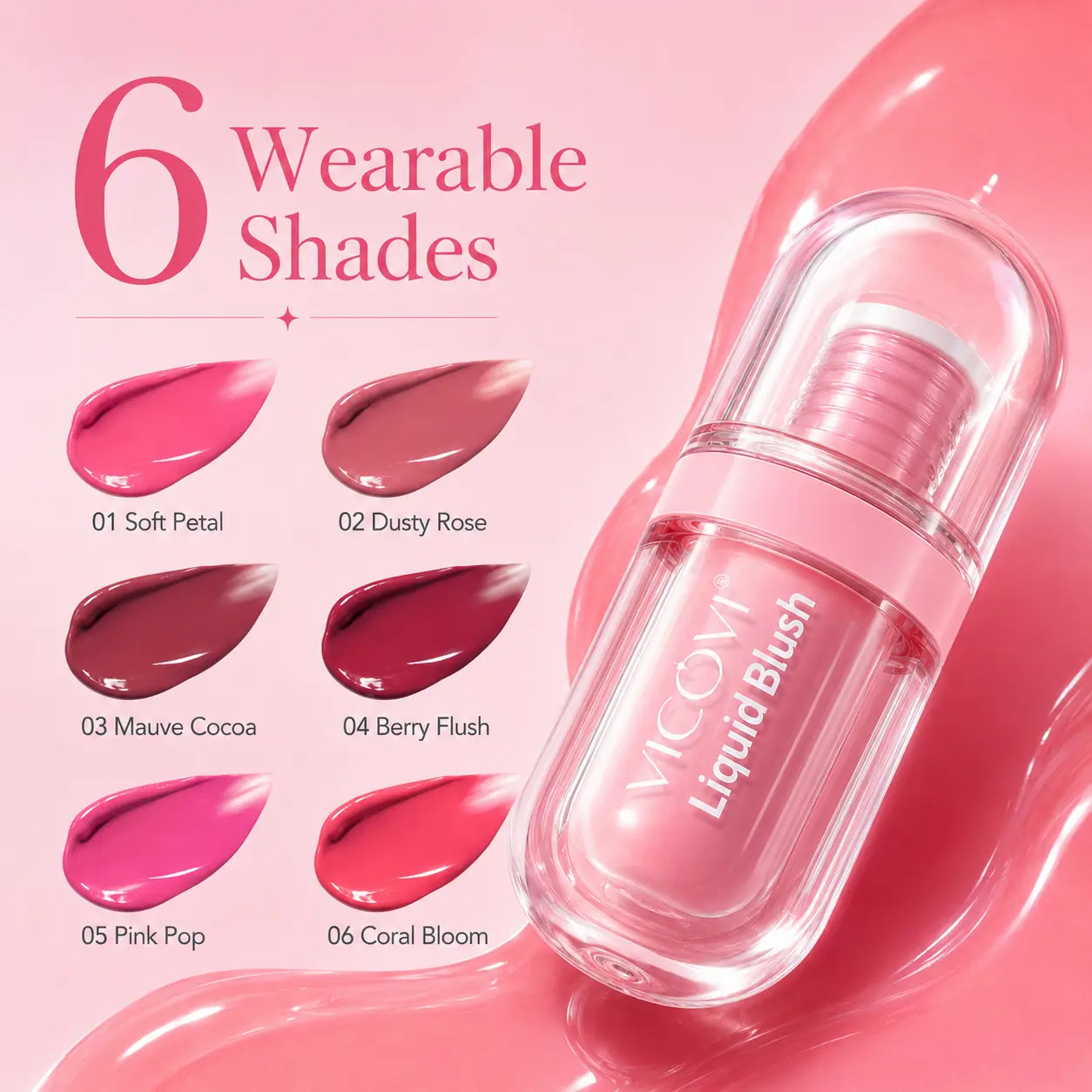 Liquid Blush, 6 Shades Wearable Colors - Soft Petal Dusty Rose Mauve Cocoa Berry Flush Pink Pop Coral Bloom, Natural Flush, Dewy Finish, Buildable Sheer Coverage, Long-Lasting, Lightweight, Face Makeup, Vegan Cruelty Free Blend Shea Hydrating Moisturizing