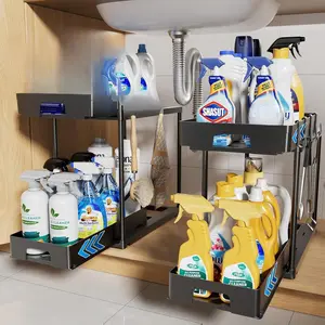 Delamu Under Sink Organizers and Storage 2 Pack Pull Out Kitchen Bathroom Cabinet Organizer 2 Tier Black ABS Under Counter Storage with 8 Hooks for Bathroom Kitchen