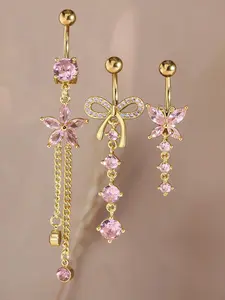 3-Piece Women's Y2K Artificial Zircon Belly Ring Set, Heart Butterfly Flower Teardrop Pendant, Beach Party Fashion Jewelry