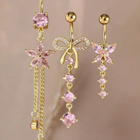 【Black Friday】3-Piece Women's Y2K Artificial Zircon Navel Ring Set, Butterfly Flower Bow Pendant, Beach Party Fashion Jewelry