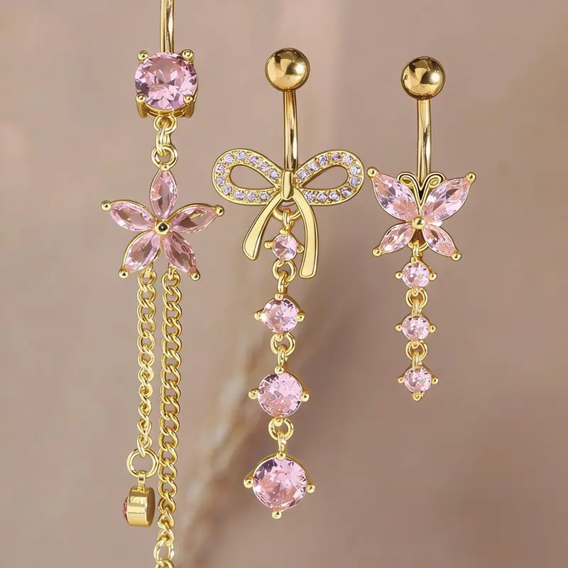 【Black Friday】3-Piece Women's Y2K Artificial Zircon Navel Ring Set, Butterfly Flower Bow Pendant, Beach Party Fashion Jewelry