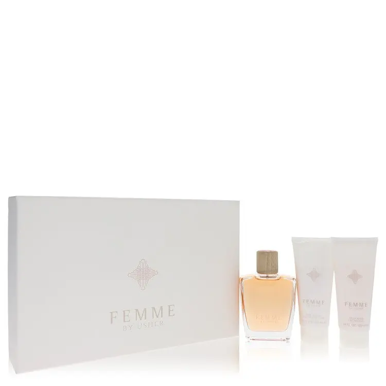 Usher Femme 3-Piece Fragrance Gift Set for Scent Layering - 3.4 fl oz EDP, Body Lotion & Shower Gel - Fruity Floral Scent for Women, Bright Top Notes, 3.4Oz, Pear, Berry, Body Care, Bergamot, Scented, Layered, Layering Perfume