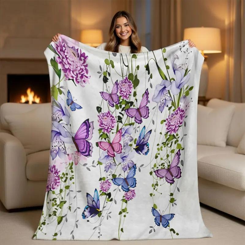 Purple Butterfly Floral Fleece Blanket - Fluffy, Boho, Adorable Style, Afghan Style, Botanical Blankets - Soft Elegant Flower Throw, Aesthetic Spring Garden Room Decor, Cozy Bedding Gift, Fluffy Blankets