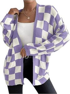 【plus size】 plaid print drop shoulder cardigan, casual long sleeve open front knitwear for fall & winter, women's clothing for daily wear