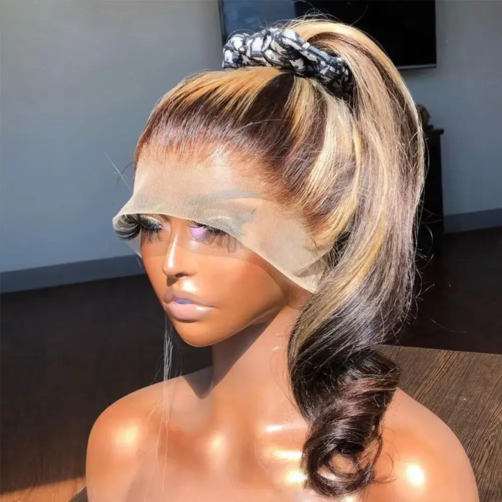 Honey Blonde 360 Lace Front Wigs Human Hair Pre Plucked Highlight Body Wave Lace Front Wigs Human Hair with Baby Hair 180 Density 360 Full Glueless HD Transparent Lace Frontal Wigs for women 4/27 Colored Ombre Human Hair Wig