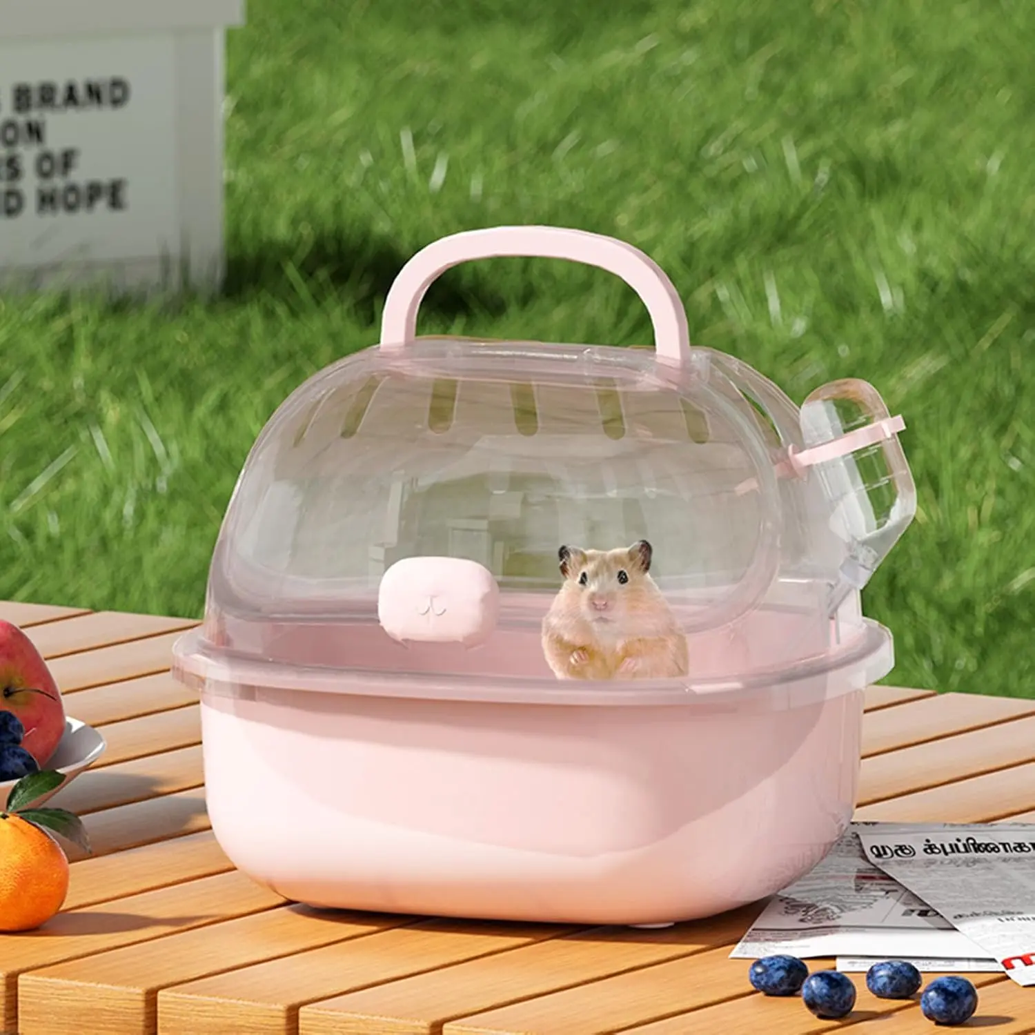 Pink Portable Small Animal Travel Carrier Cage with Water Bottle for Hamsters, Dwarf Hamsters