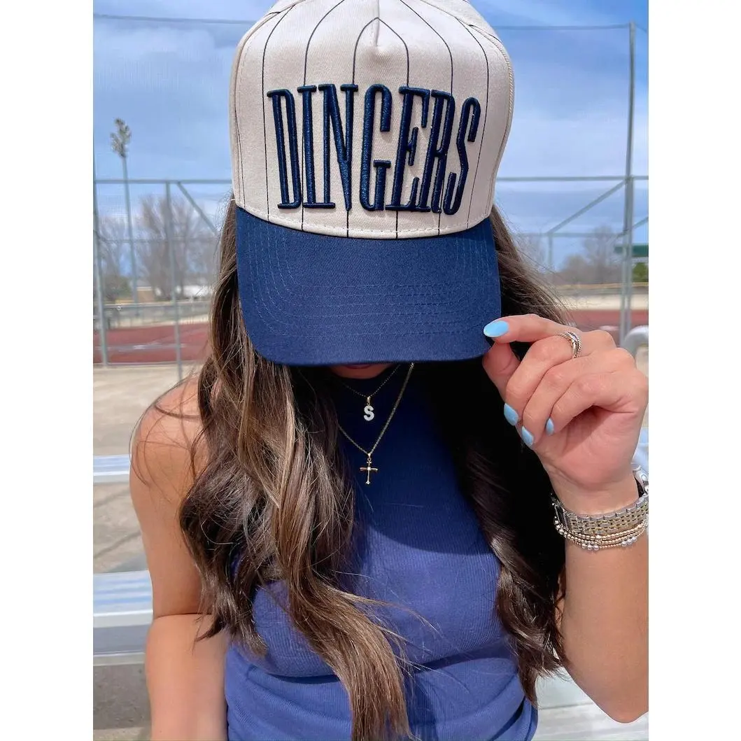 Dingers Navy Striped Vintage Trucker Hat Flatbill Snapback Cap for Baseball Season Adjustable Snapback Design Fashionable baseball cap