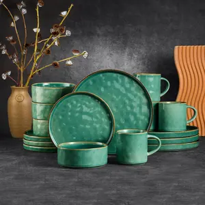 Vesteel 16-Piece Dinnerware Sets, Stoneware Dish and Bowls Set for 4, Handmade Reactive Glaze Coupe Plates Set, Chip & Scratch Resistant