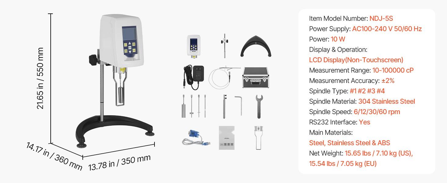 Digital Rotary Viscometer 10-100,000 mPa.s (cP) With ±2% Accuracy, 100-240V Power, Rotational Viscosity Meter With 4 Rotors And Temperature Probe, LCD Display, Laboratory Viscometer For Fluid Testing And Analysis