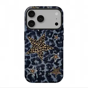 Blue leopard print, leopard print five-pointed star pattern phone cases, suitable for iPhone17 ProMax, 16Pro, 15, 14, 13, 12, double-layer protective cases, smartphone cases