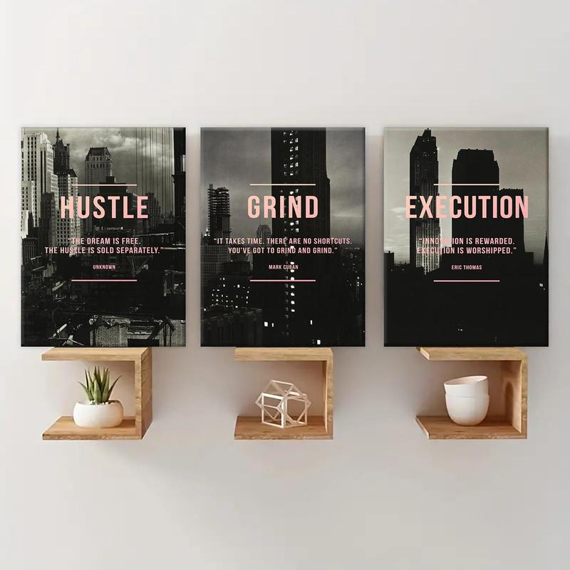 Wooden Framed Canvas Painting, 3 Counts/set Urban Inspirational Letter Decorative Painting, Modern Art Poster for Office Home Dormitory Dining Room Bar, Wooden Wall Art