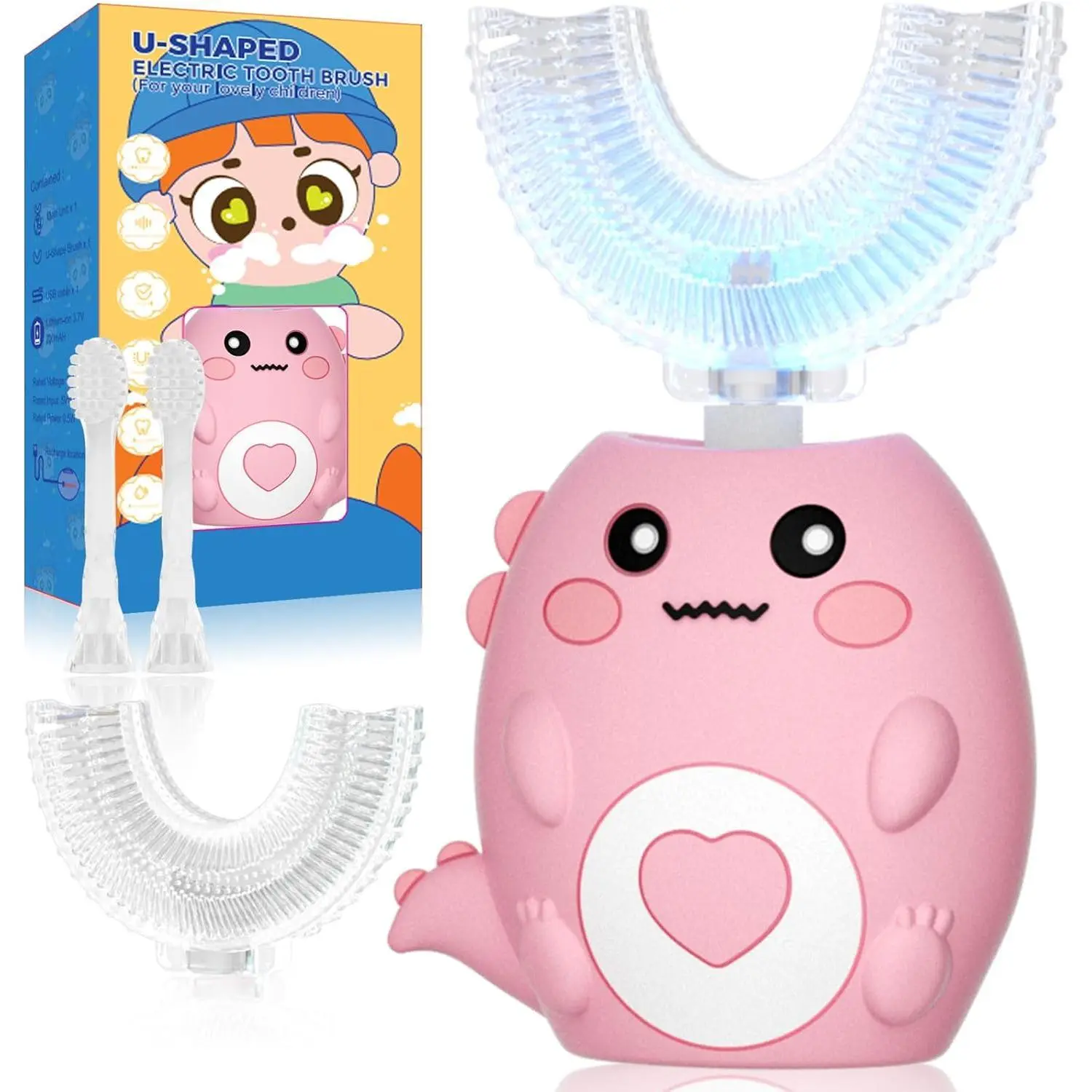 Kids Shaped Electric Toothbrush, with 3 Cleaning Modes, with 4 Brush Heads, 360° Sonic Automatic Toothbrush, IPX7 Waterproof Cartoon Dinosaur Design (Ages 2-12)