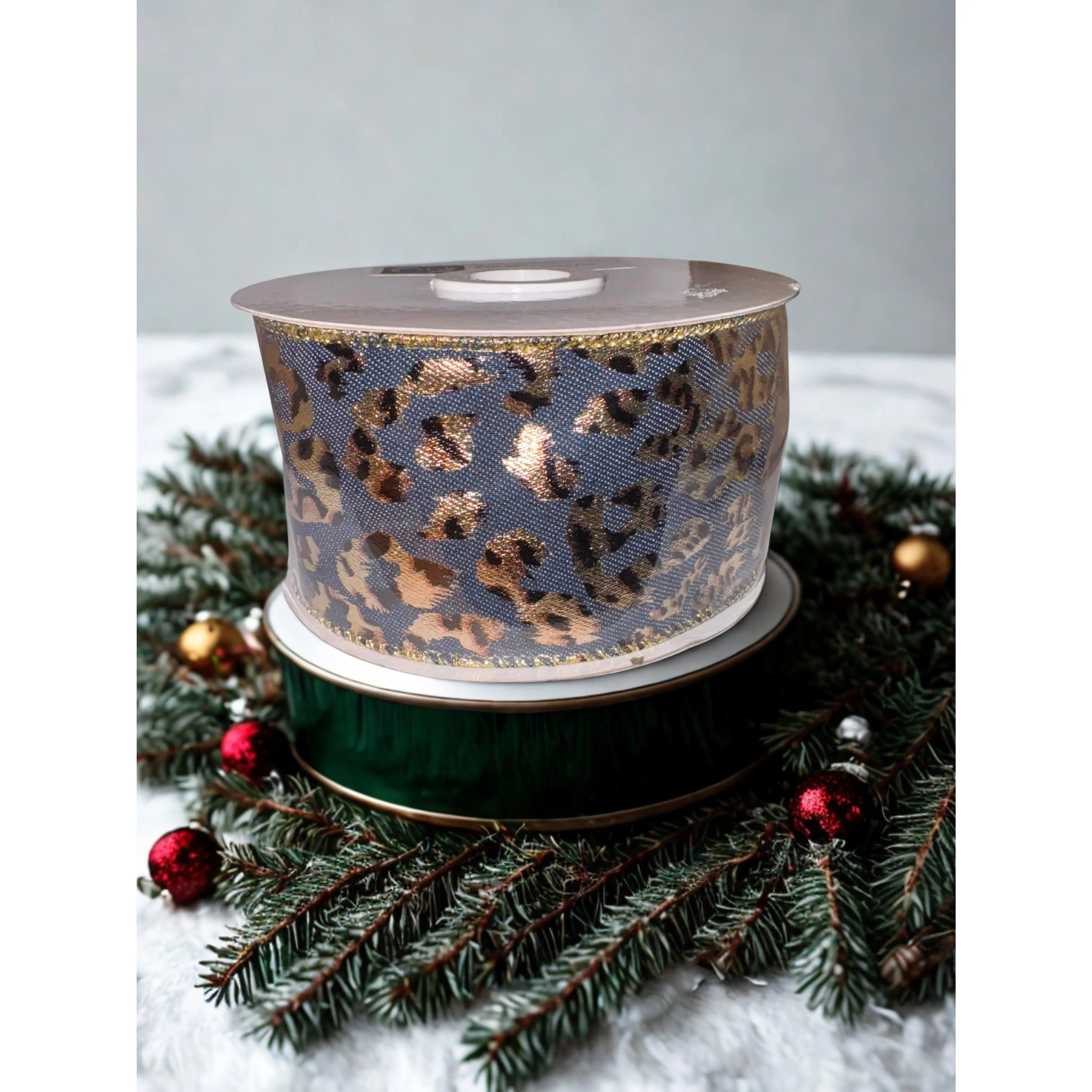 2.5" Denim Wire Edge Ribbon with Gold Leopard Pattern, Durable Denim Texture, 2.5"x10 yd for Wreaths, Gift Wrapping, Bows, DIY Décor