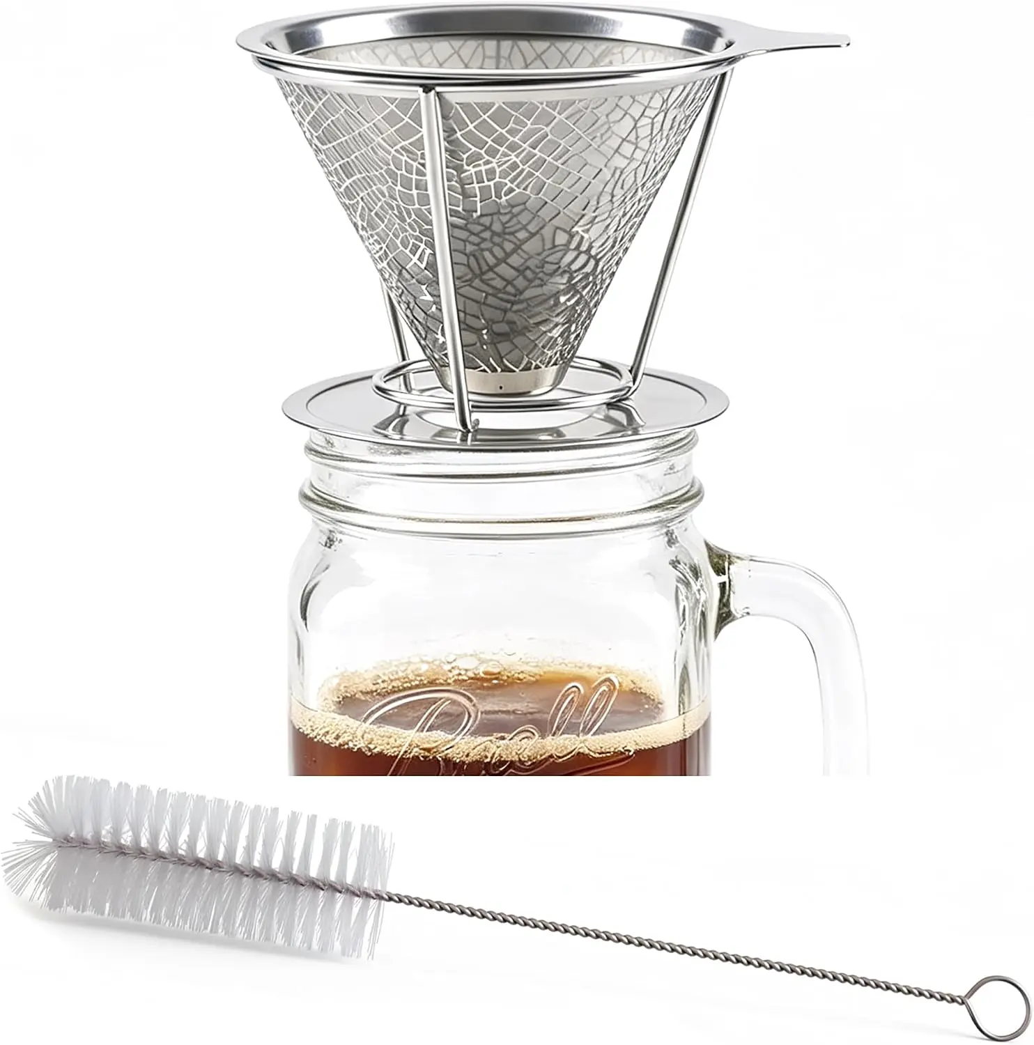 Jar Pour Over Coffee Dripper, Stainless Reusable| Easy to Paperless Coffee Maker, Cone Dripper with Removable Cup, Dishwasher Safe, Rustproof