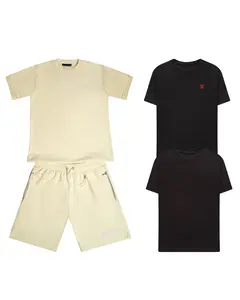 ETN Summer Essentials Trio Cream Summer Set - 100% Premium Cotton Short Sleeve Fitted T-Shirts & Shorts for Men Casual Minimalist Style Above the Knee Hem