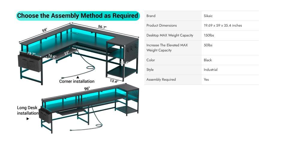 Sikaic L Shaped Reversible LED Gaming Desk with Power Outlets Strip Monitor Shelf Keyboard Tray Pegboard and Storage Shelves