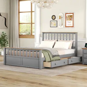 Queen Size Bed Frame with 2 Storage Drawers, Wood Queen Platform Bed with Headboard, Footboard and Wooden Slat Support, Queen Bed Frame for Bedroom,No Spring Box Needed (Gray+Walnut)