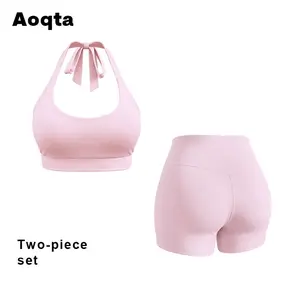 Aoqta  2 Piece Yoga Set Women's Pink Halter Neck Yoga Set Sexy Slim Fit Stretch Tie Bow Back Crop Top & High Waisted Shorts Butt-Lift Design for Gym Date Daily tie bow back, high waisted shorts, butt-lift, slim fit, breathable