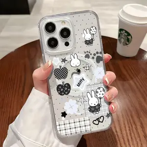 Cute Miffy Scrapbook Case for iPhone 11-17 & Galaxy S21-S26 Ultra, Monochrome Plaid Clear Magnetic Cover,  Cute Kawaii Miffy Magnetic Phone Case