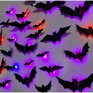 BougeRV 3D Bat Light Design LED Decorations 12pcs/24pcs Set Spooky Ornaments for Home Party Festival Halloween Easy Install Wall Stickers Smooth Application - Decorative