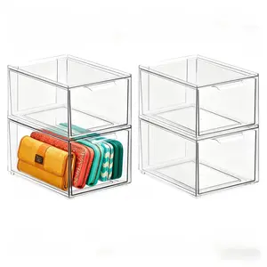 4 Pack Clear Plastic Stackable Storage Boxes with Drawers – Stacking Drawer Bins for Makeup, Jewelry, Office, Bathroom, Dustproof & Easy Clean
