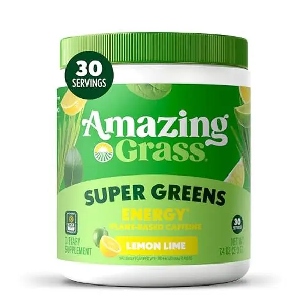 Amazing Grass Super Greens Powder Energy Lemon Lime, 30 Servings | Organic Energy Greens Powder with Plant-Based Caffeine, Yerba Mate & Green Tea Leaf for Sustained Energy & Focus