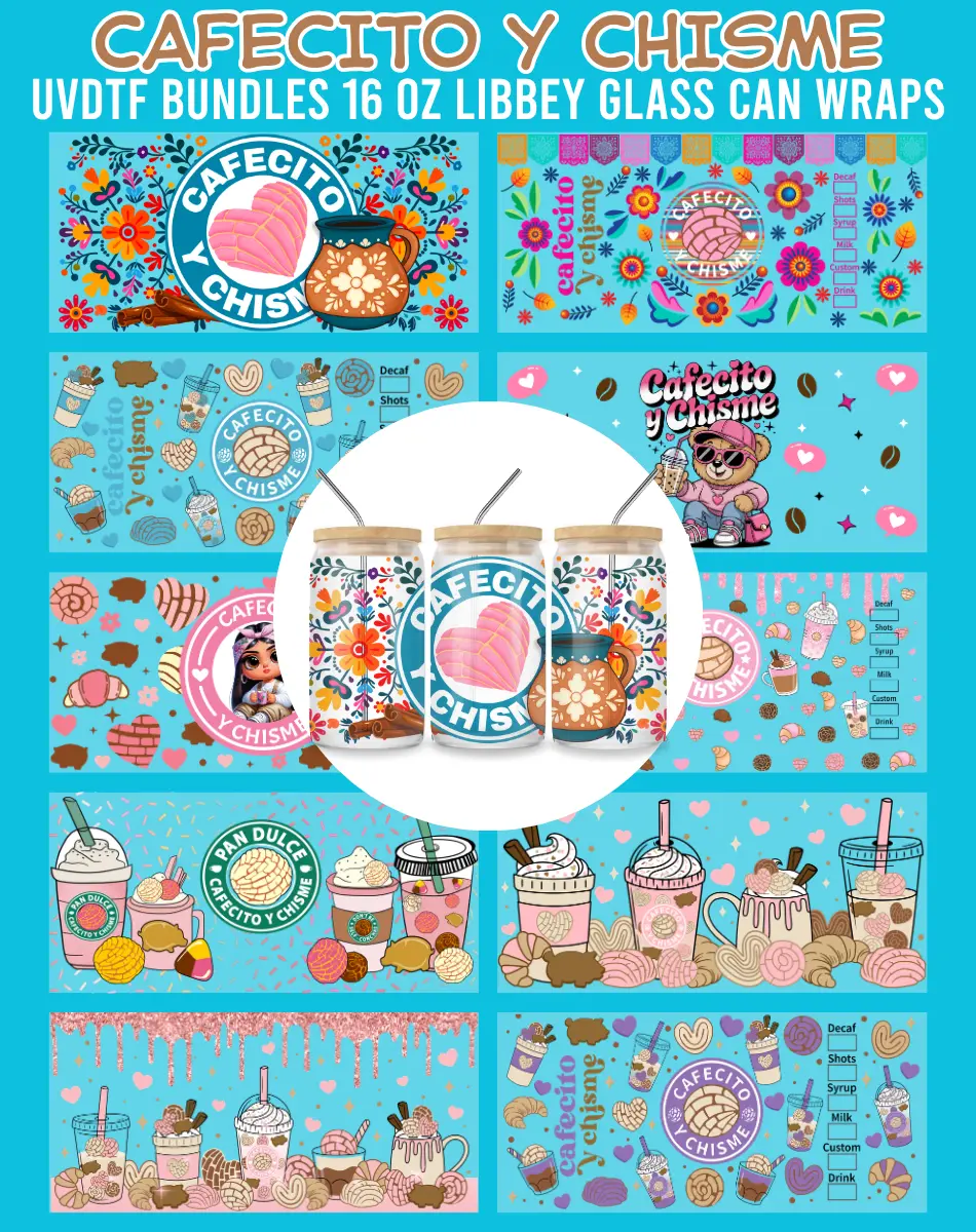 Cafecito y Chisme UVDTF Decal Sticker Bundles - 16 Oz Libbey Glass Can Wrap for DIY Crafts, Scrapbooking & Stamping