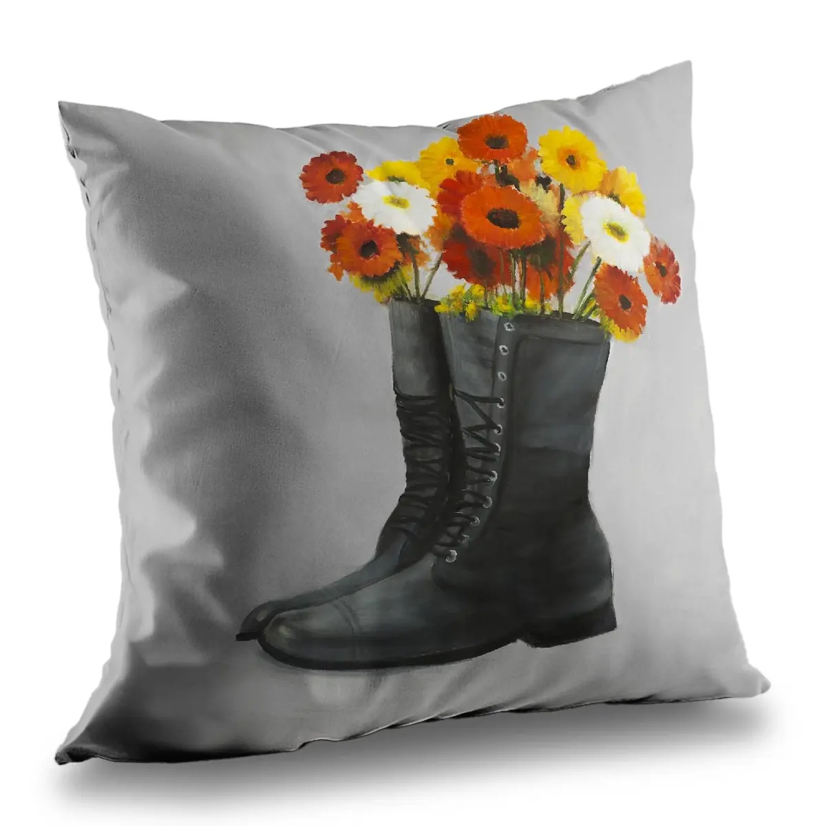 Begin Home Decor C1PT1414TABM3T 14 x 14 in. Boots Full of Flowers Throw Pillow - Gray Poly Twill Decor