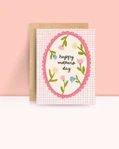 Flower Doily Mother's Day Card, Pink Gingham Card, Card for Mom, for Aunt, for Grandma, Dainty Card, Flower Card
