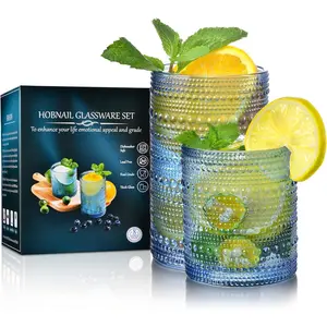 Hobnail Drinking Glasses Set of 8, Blue  Glassware 14 oz and 12 oz, Glass Cups, Cups for Kitchen, Bar Glasses for , Juice, , , Milk