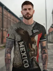 Mexican Eagle Serpent Aztec Pyramid Heritage Warrior Shirt, Fitted Short Sleeve Top, Casual Street Fashion, Letter Pattern, All Seasons Wear