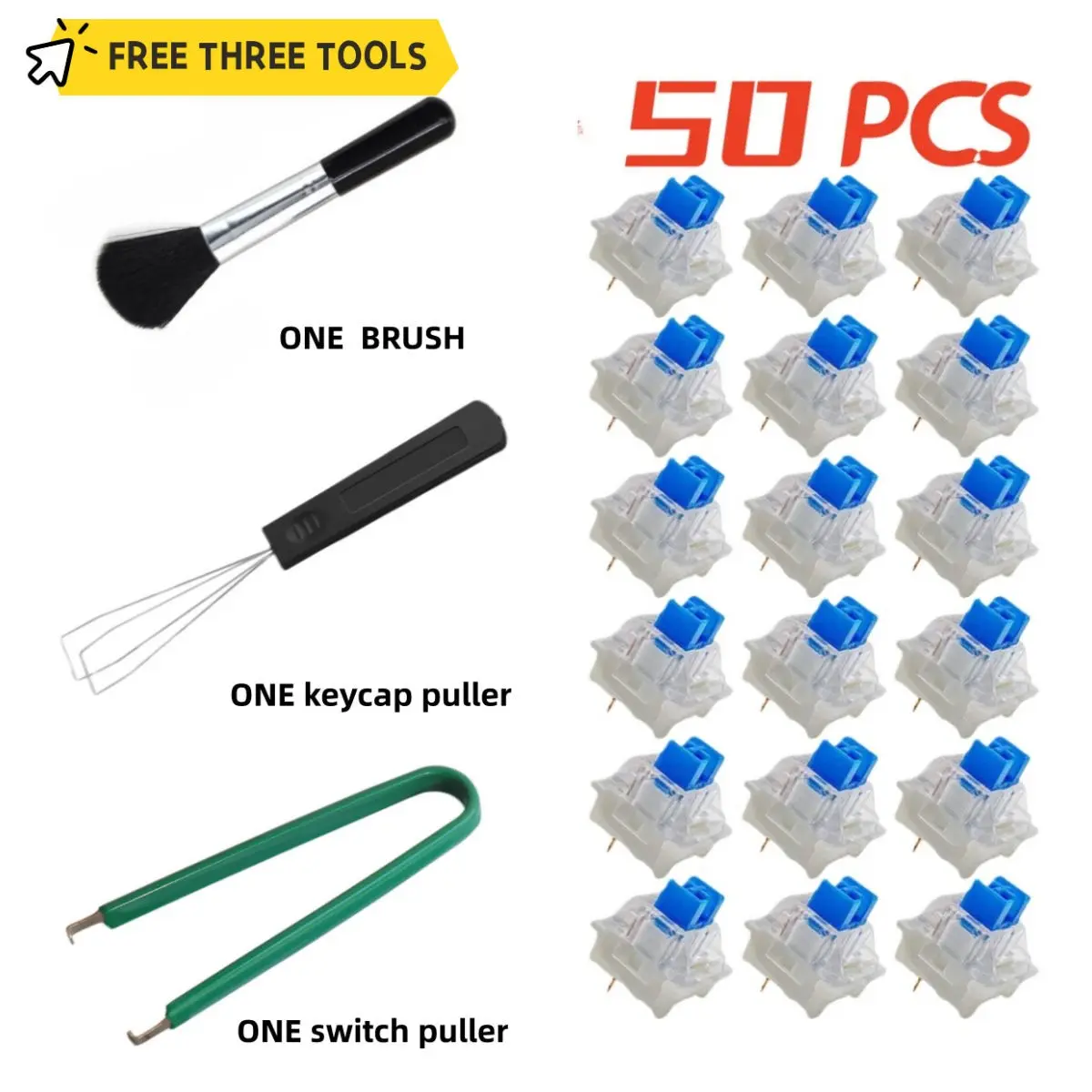 Keyboard Switches 50 Pcs, 3-Pin Clicky Tactile Mechanical MX Design with Durability, DIY Replacement Kit with Switch Puller & Brush, Ideal for Custom Builds