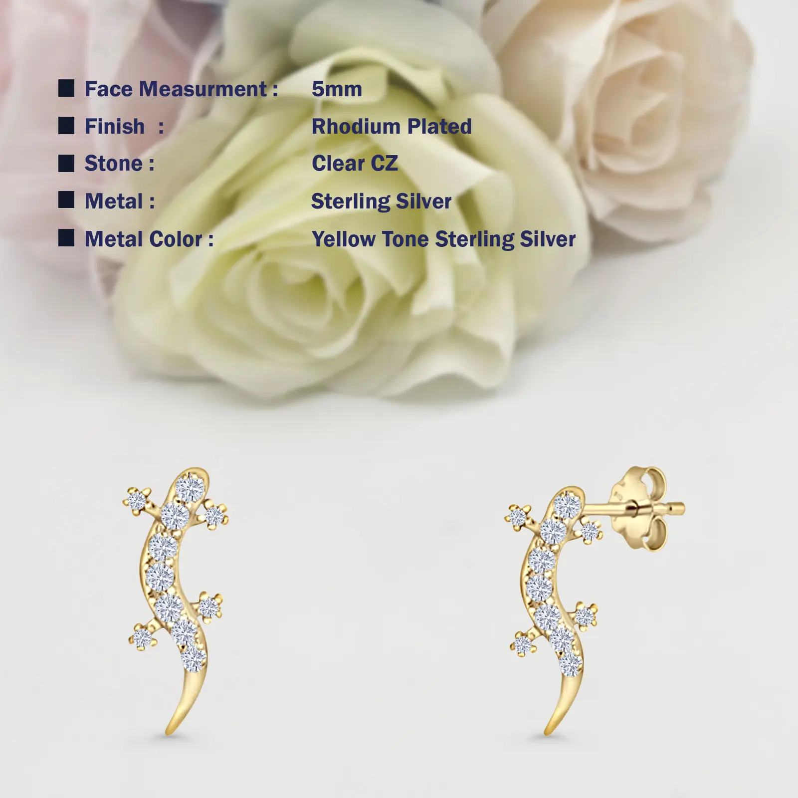 5mm Lizard Stud Earrings Push Back CZ 925 Sterling Silver Women Round Earring