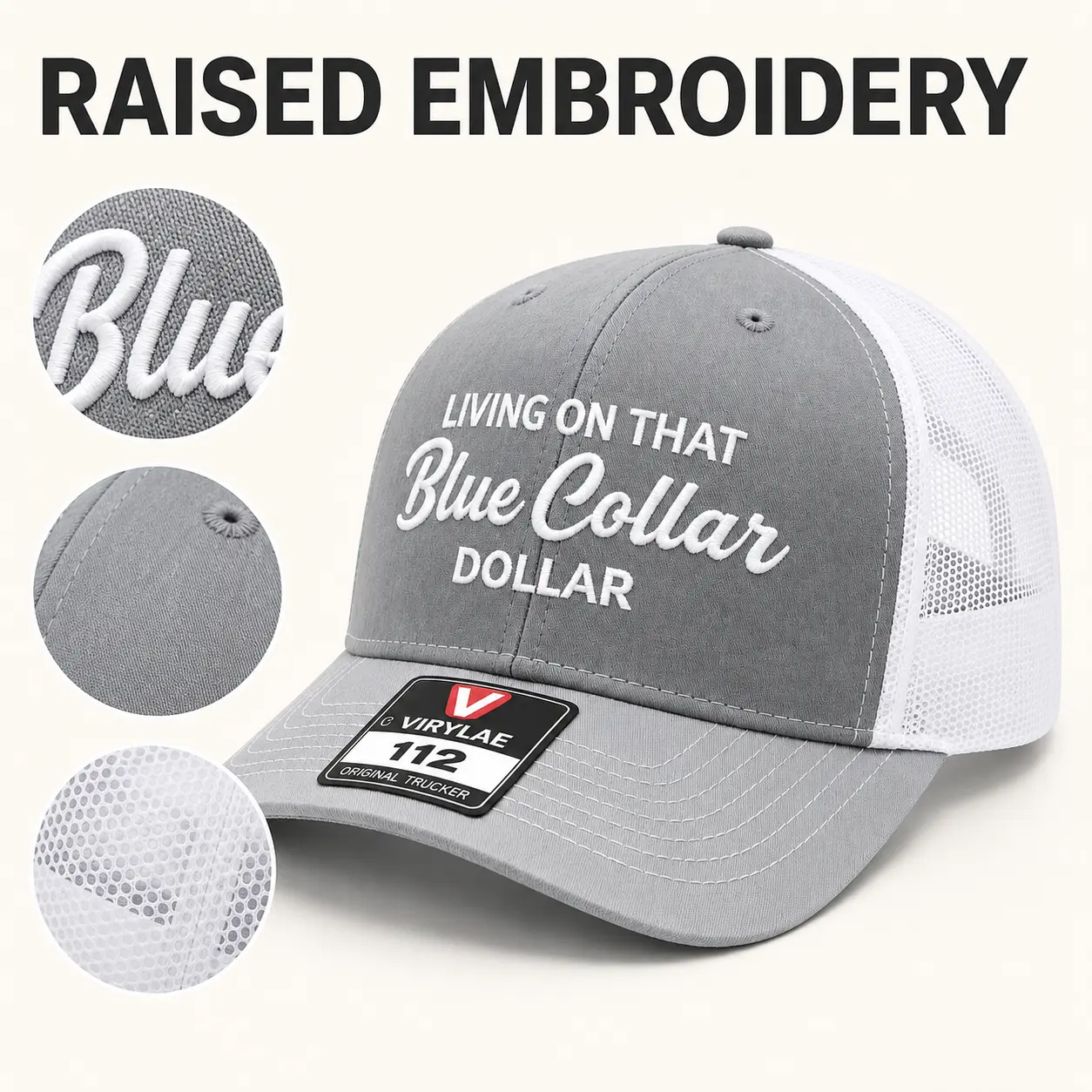 Blue Collar Embroidered Mesh Trucker Cap, Unisex Breathable Structured Baseball Hat, Curved Brim Outdoor Workwear Streetwear Cap
