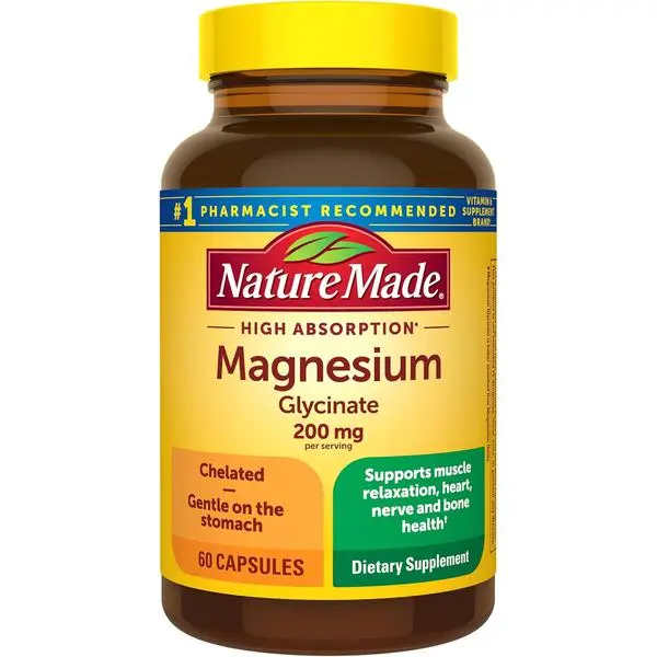 Nature Made Magnesium Glycinate 200 mg per Serving, 180 Capsules | High Absorption Magnesium Supplement for Muscle, Heart and Bone Support, Magnesium Bisglycinate Capsules, 90 Day Supply