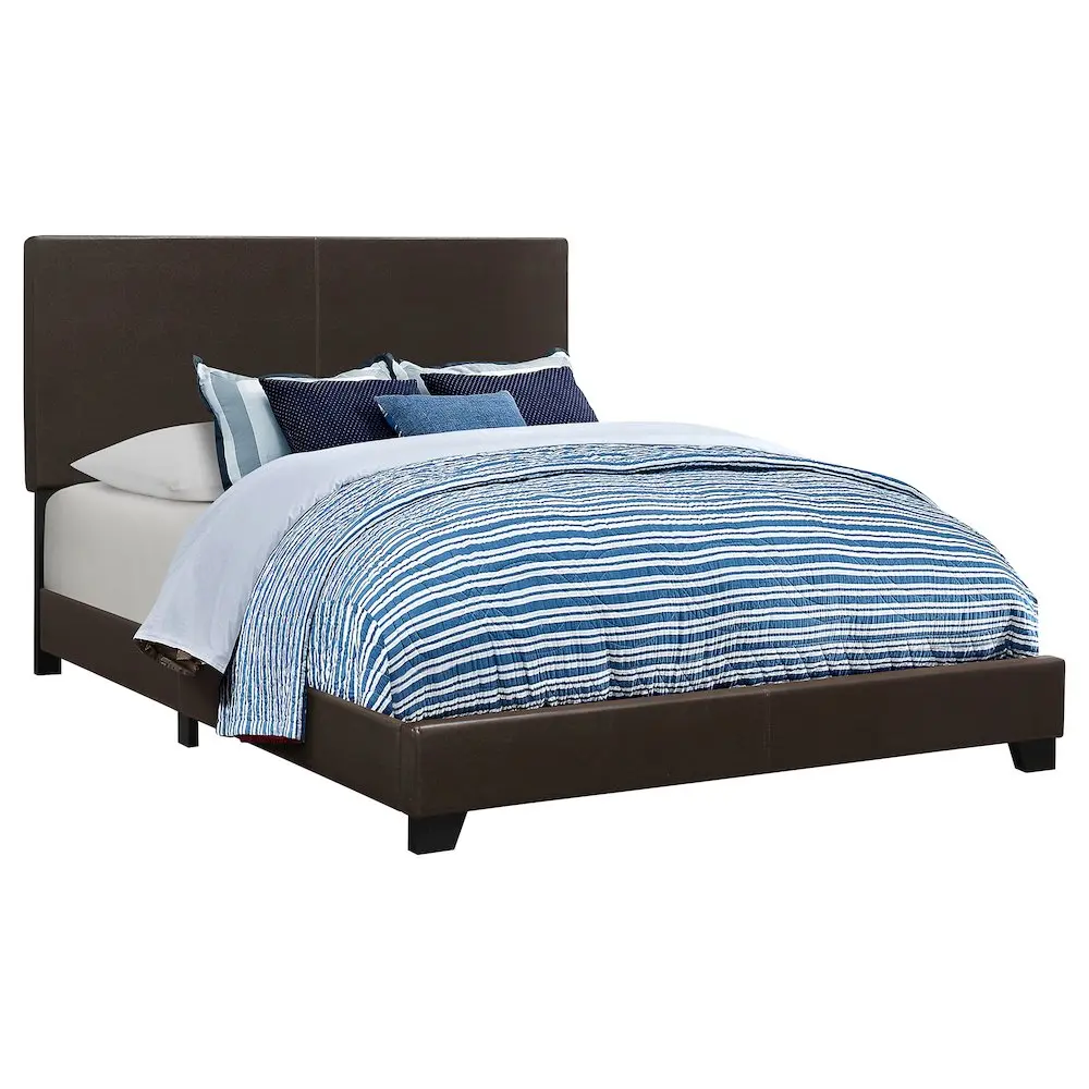 Dorian Upholstered Eastern King Panel Bed, Brown PU Leather with Stitched Detail for Modern Bedroom