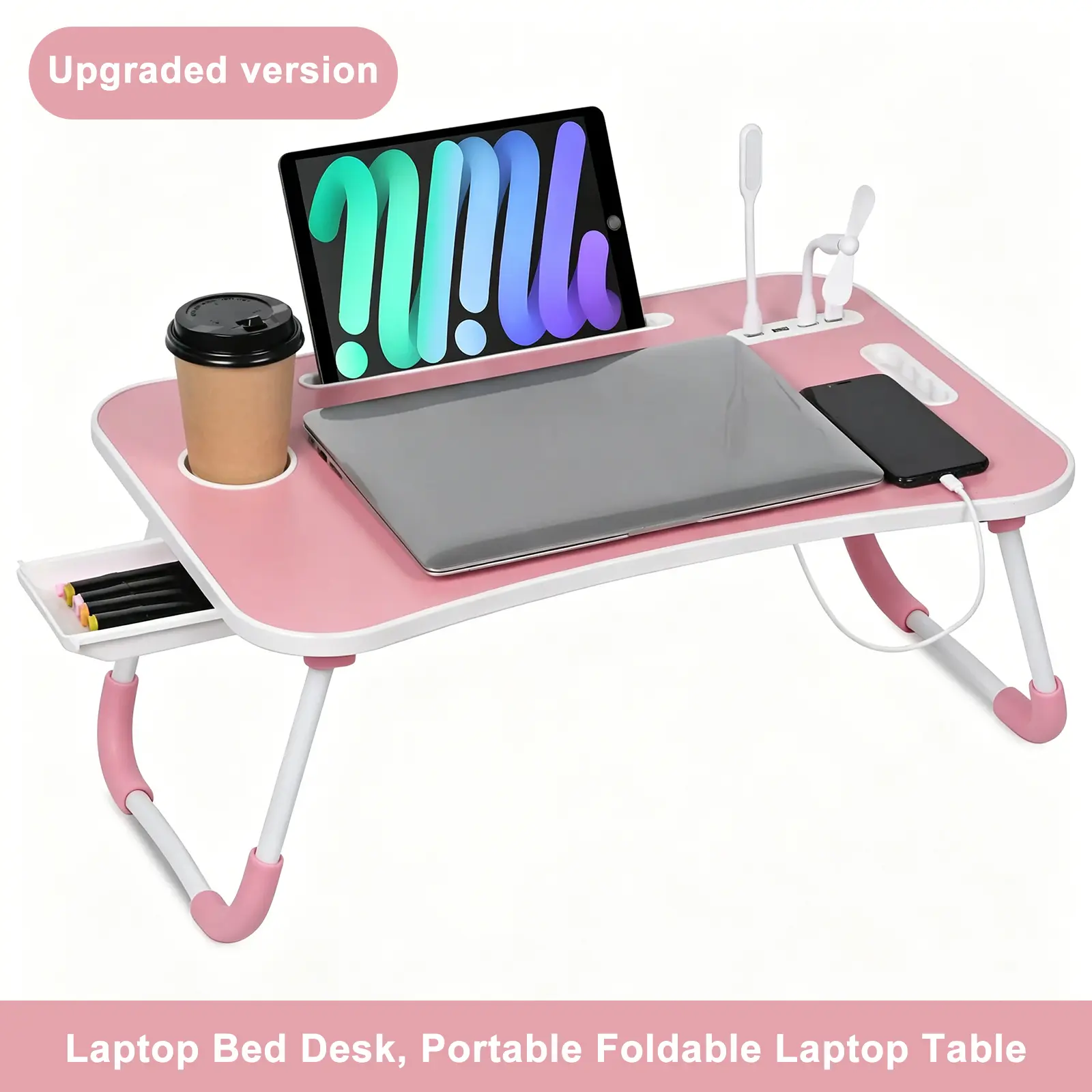 TURMERIC & KOJICUltra Large Portable Laptop Bed Table with USB Ports, Cup Holder, Drawer, Fan, and Light - Foldable & Stable for Eating, Reading, Writing - Perfect Gift for Loved Ones