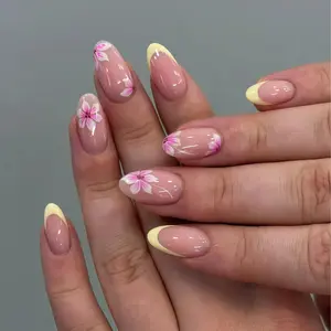 Handmade Yellow French Tip Press on Nails, Pink Flower Design, Almond Shape Fake Nails, Spring Handmade Artificial Nail Tips